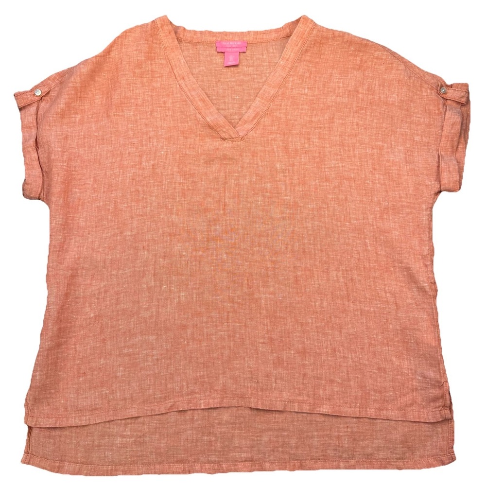 Isaac Mizrahi New York Large Women Top Short Sleeve 100% Linen V-neck Coral